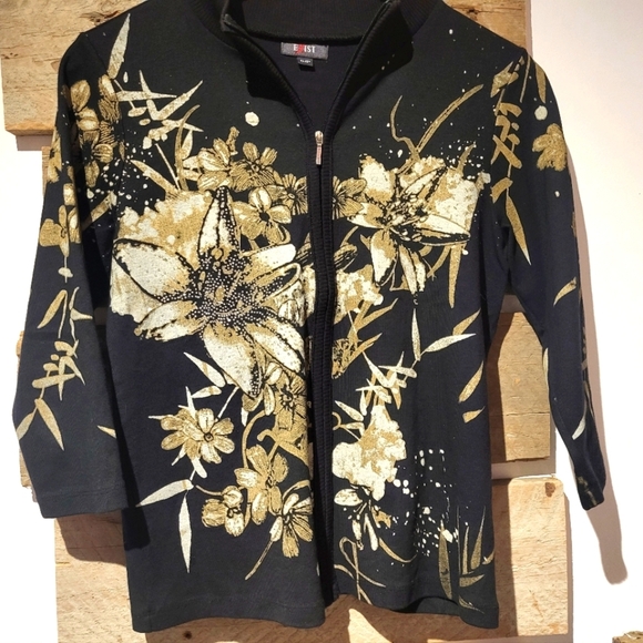 Exist - Black and Gold Floral Zip-Up Jacket - Picture 1 of 6